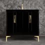 Linkasink Tuxedo 36" Single Free Standing Vanity Cabinet Only - Less Vanity Top Black / Satin Brass with Black Tiger Prism Glass