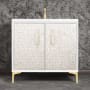 Linkasink Mother of Pearl 36" Single Free Standing Vanity Cabinet Only - Less Vanity Top White / Satin Brass with White Tiger Prism Glass