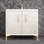 Linkasink Mother of Pearl 36" Single Free Standing Vanity Cabinet Only - Less Vanity Top White / Satin Brass with Eglomise Prism Glass