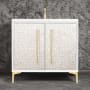 Linkasink Mother of Pearl 36" Single Free Standing Vanity Cabinet Only - Less Vanity Top White / Satin Brass with Eglomise Prism Glass