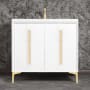 Linkasink Tuxedo 36" Single Free Standing Vanity Cabinet Only - Less Vanity Top White / Satin Brass with Eglomise Pyramid Glass