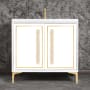 Linkasink Linea 36" Single Free Standing Vanity Cabinet Only - Less Vanity Top White / Polished Brass with Eglomise Pyramid Glass