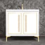 Linkasink Linea 36" Single Free Standing Vanity Cabinet Only - Less Vanity Top White / Satin Brass with Eglomise Pyramid Glass