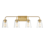 Meridian 4 Light 32" Wide Bathroom Vanity Light with Tapered Clear Glass Shades Natural Brass