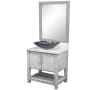Miseno 30" Free Standing Single Basin Vanity Set with Cabinet, Marble Vanity Top, Rectangular Glass Vessel Sink and Mirror Stonewash Grey / Carrara White Top / Brushed Nickel Hardware