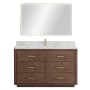 Miseno Porto 54" Free Standing Single Basin Vanity Set with Cabinet, Quartz Vanity Top, and Framed Mirror Aged Dark Brown Oak / Fish Maw White