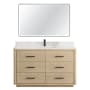 Miseno Porto 54" Free Standing Single Basin Vanity Set with Cabinet, Quartz Vanity Top, and Framed Mirror Aged Natural Oak / Fish Maw White
