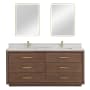Miseno Porto 72" Free Standing Double Basin Vanity Set with Cabinet, Quartz Vanity Top, and Framed Mirrors Aged Dark Brown Oak / Fish Maw White