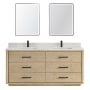 Miseno Porto 72" Free Standing Double Basin Vanity Set with Cabinet, Quartz Vanity Top, and Framed Mirrors Aged Natural Oak / Fish Maw White