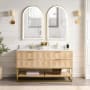 Miseno Milagro 60" Free Standing Double Basin Vanity Set with Cabinet and Quartz Vanity Top Washed Ash Grey / Fish Maw White / Gold