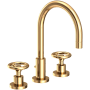 Newport Brass Slater 1.2 GPM Widespread Bathroom Faucet with Pop-Up Drain Assembly and Wheel Handles Uncoated Polished Brass - Living