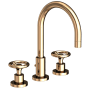 Newport Brass Slater 1.2 GPM Widespread Bathroom Faucet with Pop-Up Drain Assembly and Wheel Handles French Gold (PVD)