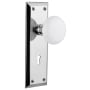 Nostalgic Warehouse White Porcelain Solid Brass Vintage Skeleton Key Retrofit Entry Handleset Trim with New York Rose, Keyhole and 2-1/4" Backset Bright Chrome