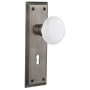 Nostalgic Warehouse White Porcelain Solid Brass Vintage Skeleton Key Retrofit Entry Handleset Trim with New York Rose, Keyhole and 2-1/4" Backset Antique Pewter