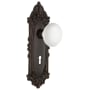 Nostalgic Warehouse White Porcelain Solid Brass Privacy Door Knob Set with Victorian Rose, Keyhole and 2-3/8" Backset Timeless Bronze