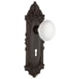 Nostalgic Warehouse White Porcelain Solid Brass Vintage Skeleton Key Retrofit Entry Handleset Trim with Victorian Rose, Keyhole and 2-1/4" Backset Timeless Bronze