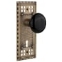 Nostalgic Warehouse Black Porcelain Solid Brass Passage Door Knob Set with Long Craftsman Plate, Keyhole and 2-3/4" Backset Antique Brass