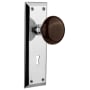 Nostalgic Warehouse Brown Porcelain Solid Brass Single Dummy Door Knob with New York Rose and Keyhole Bright Chrome