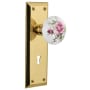 Nostalgic Warehouse Rose Porcelain Solid Brass Vintage Skeleton Key Retrofit Entry Handleset Trim with New York Rose, Keyhole and 2-1/4" Backset Polished Brass