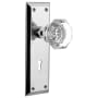 Nostalgic Warehouse Waldorf Lead Crystal Passage Door Knob Set with Solid Brass New York Backplate, Skeleton Keyhole and 2-3/4" Backset Bright Chrome