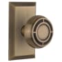 Nostalgic Warehouse Mission Solid Brass Privacy Door Knob Set with Studio Rose and 2-3/8" Backset Antique Brass