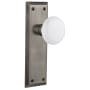 Nostalgic Warehouse White Porcelain Solid Brass Privacy Door Knob Set with New York Rose and 2-3/4" Backset Antique Pewter