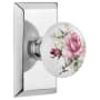 Nostalgic Warehouse Rose Porcelain Solid Brass Privacy Door Knob Set with Studio Rose and 2-3/4" Backset Bright Chrome