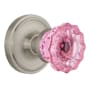 Nostalgic Warehouse Classic Solid Brass Rose Passage Door Knob Set with Pink Crystal Knob and 2-3/8" Backset Satin Nickel