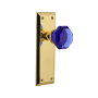 Nostalgic Warehouse New York Solid Brass Rose Passage Door Knob Set with Cobalt Waldorf Knob for 2-3/8" Backset Polished Brass