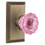 Nostalgic Warehouse Studio Solid Brass Rose Passage Door Knob Set with Pink Crystal Knob and 2-3/4" Backset Antique Brass