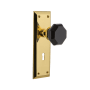 Nostalgic Warehouse New York Solid Brass Rose Single Dummy Door Knob with Black Waldorf Knob and Decorative Keyhole Polished Brass