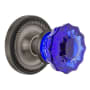 Nostalgic Warehouse Rope Solid Brass Rose Privacy Door Knob Set with Cobalt Crystal Knob and 2-3/8" Backset Antique Pewter