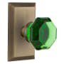 Nostalgic Warehouse Studio Solid Brass Rose Privacy Door Knob Set with Emerald Waldorf Knob and 2-3/8" Backset Antique Brass