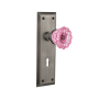 Nostalgic Warehouse New York Solid Brass Rose Privacy Door Knob Set with Pink Crystal Knob and Decorative Keyhole for 2-3/8" Backset Antique Pewter