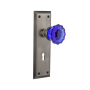 Nostalgic Warehouse New York Solid Brass Rose Privacy Door Knob Set with Cobalt Crystal Knob and Decorative Keyhole for 2-3/8" Backset Antique Pewter