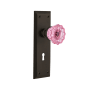 Nostalgic Warehouse New York Solid Brass Rose Privacy Door Knob Set with Pink Crystal Knob and Decorative Keyhole for 2-3/8" Backset Oil-Rubbed Bronze