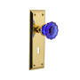 Nostalgic Warehouse New York Solid Brass Rose Privacy Door Knob Set with Cobalt Crystal Knob and Decorative Keyhole for 2-3/8" Backset Polished Brass