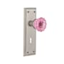 Nostalgic Warehouse New York Solid Brass Rose Privacy Door Knob Set with Pink Crystal Knob and Decorative Keyhole for 2-3/8" Backset Satin Nickel