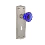 Nostalgic Warehouse Prairie Solid Brass Rose Privacy Door Knob Set with Cobalt Crystal Knob and Decorative Keyhole for 2-3/8" Backset Satin Nickel