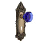Nostalgic Warehouse Victorian Rose Privacy Door Knob Set with Cobalt Waldorf Knob and Decorative Skeleton Keyhole for 2-3/8" Backset Antique Brass