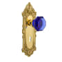 Nostalgic Warehouse Victorian Rose Privacy Door Knob Set with Cobalt Waldorf Knob and Decorative Skeleton Keyhole for 2-3/8" Backset Unlacquered Brass