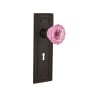 Nostalgic Warehouse Mission Solid Brass Rose Vintage Retrofit Entry Door Knob Set with Pink Crystal Knob and Skeleton Key Oil-Rubbed Bronze