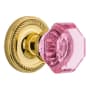 Nostalgic Warehouse Rope Solid Brass Rose Vintage Entry Retrofit Door Knob Set with Pink Waldorf Knob and Skeleton Keyhole Polished Brass
