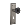 Nostalgic Warehouse New York Solid Brass Rose Vintage Retrofit Entry Door Knob Set with Black Crystal Knob and Skeleton Keyhole Antique Pewter