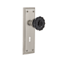 Nostalgic Warehouse New York Solid Brass Rose Vintage Retrofit Entry Door Knob Set with Black Crystal Knob and Skeleton Keyhole Satin Nickel