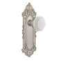 Nostalgic Warehouse Victorian Solid Brass Rose Passage Door Knob Set with White Milk Glass Waldorf Knob and 2-3/8" Backset Satin Nickel