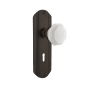 Nostalgic Warehouse Deco Solid Brass Rose Passage Door Knob Set with White Milk Glass Waldorf Knob and Decorative Keyhole for 2-3/8" Backset Oil-Rubbed Bronze