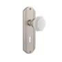 Nostalgic Warehouse Deco Solid Brass Rose Passage Door Knob Set with White Milk Glass Waldorf Knob and Decorative Keyhole for 2-3/8" Backset Satin Nickel