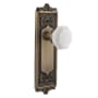 Nostalgic Warehouse Egg & Dart Solid Brass Rose Privacy Door Knob Set with White Milk Glass Waldorf Knob and 2-3/8" Backset Antique Brass