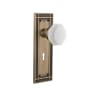 Nostalgic Warehouse Mission Solid Brass Rose Privacy Door Knob Set with White Milk Glass Waldorf Knob and Decorative Keyhole for 2-3/8" Backset Antique Brass